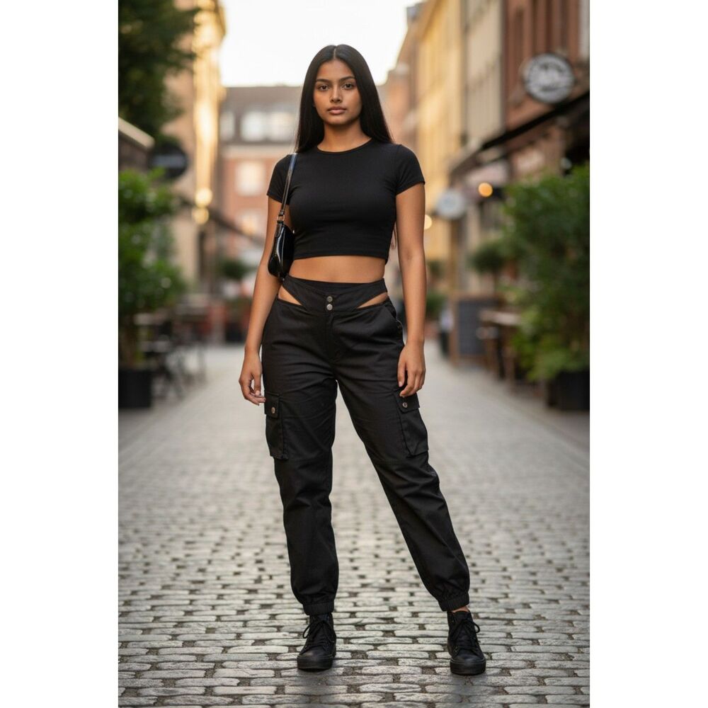 Womens Techwear Cargo Jogger Pants Medium Black Strap Streetwear